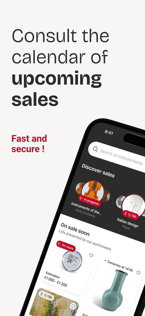 Interencheres mobile app screen displaying upcoming auction sales and catalog items
