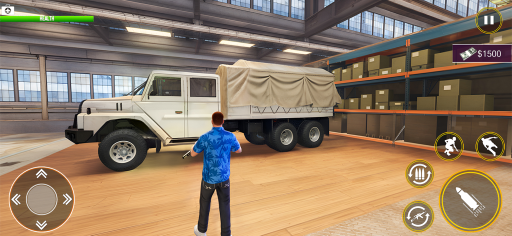 Vegas Gangster Crime Car Games - A character in a blue shirt standing next to a white transport truck in a warehouse from the Vegas Gangster Crime mobile game.