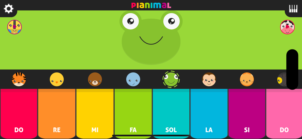Pianimal Wild - Colorful kids piano interface with a frog character and musical notes