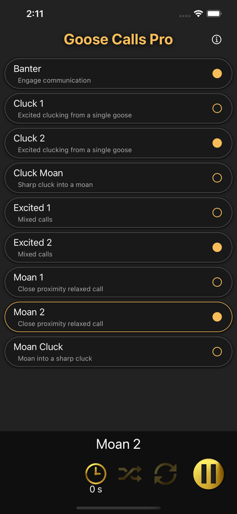 Goose Calls Pro app interface showing a list of different goose hunting calls including moans and clucks