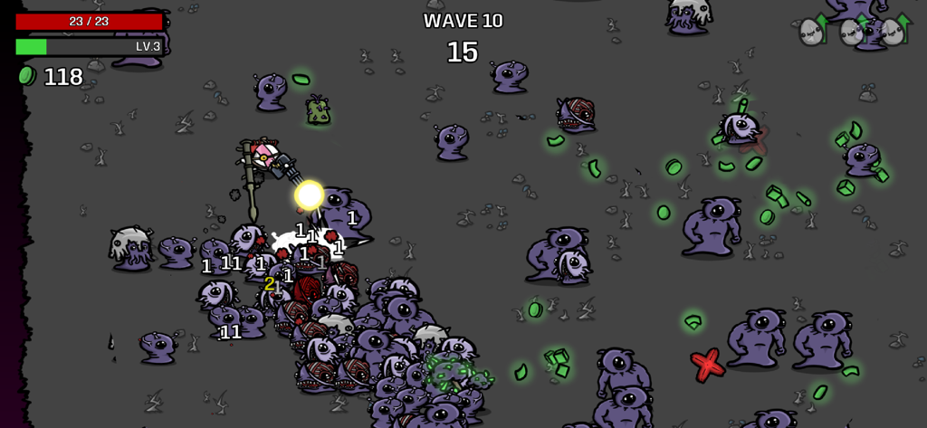 Brotato - Personaggio di Brotato che combatte un'orda di alieni viola nell'onda dieci del gioco