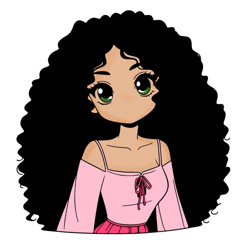 a black anime girl with long afro hair