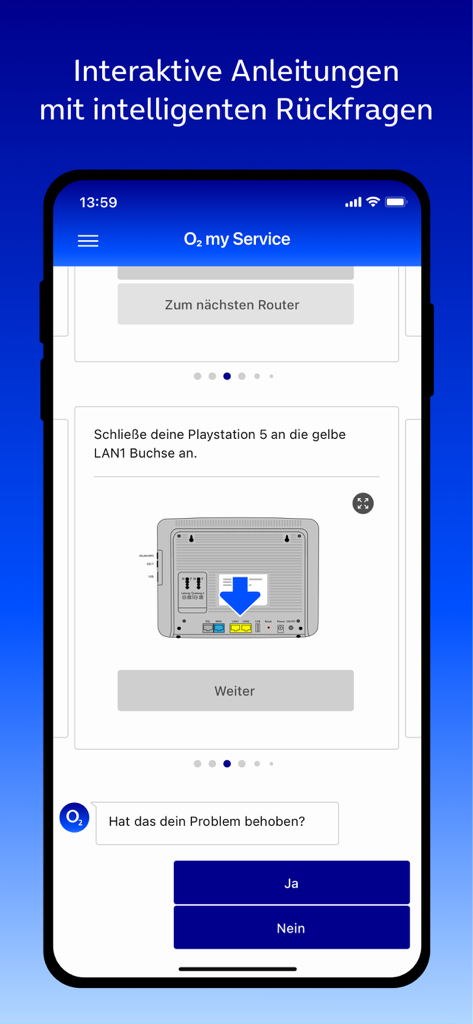 o2 my Service - Interfaz de la aplicación o2 my Service mostrando instrucciones interactivas para la solución de problemas de un router con ayudas visuales y un chat de retroalimentación.
