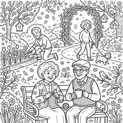 Discover the serene joy of spring with this charming coloring page, featuring active elderly seniors enjoying a beautifully blooming garden. From nurturing plants to enjoying peaceful moments, this scene celebrates life and renewal amidst nature's gentle awakening.