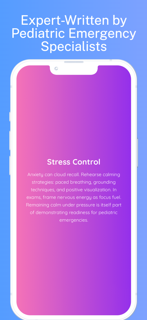 PALS Prep: Pedi Life Support - Schermata dell'app PALS Prep che mostra il controllo dello stress e suggerimenti per la preparazione all'esame per specialisti pediatrici.