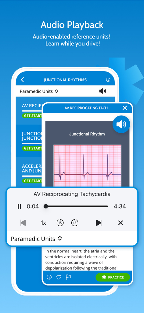 MedicTests 2026 EMS Education - MedicTests app interface showing audio playback for paramedic reference units with an EKG strip.