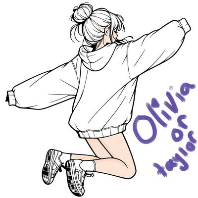 realistic girl jumping with a bun and oversized sweatshirt