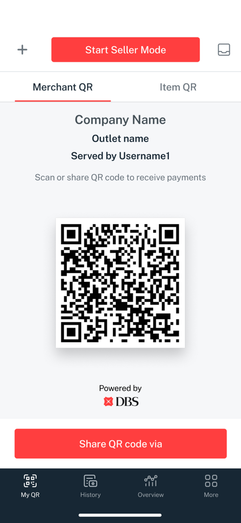DBS MAX - DBS MAX app interface displaying a merchant QR code for receiving payments.