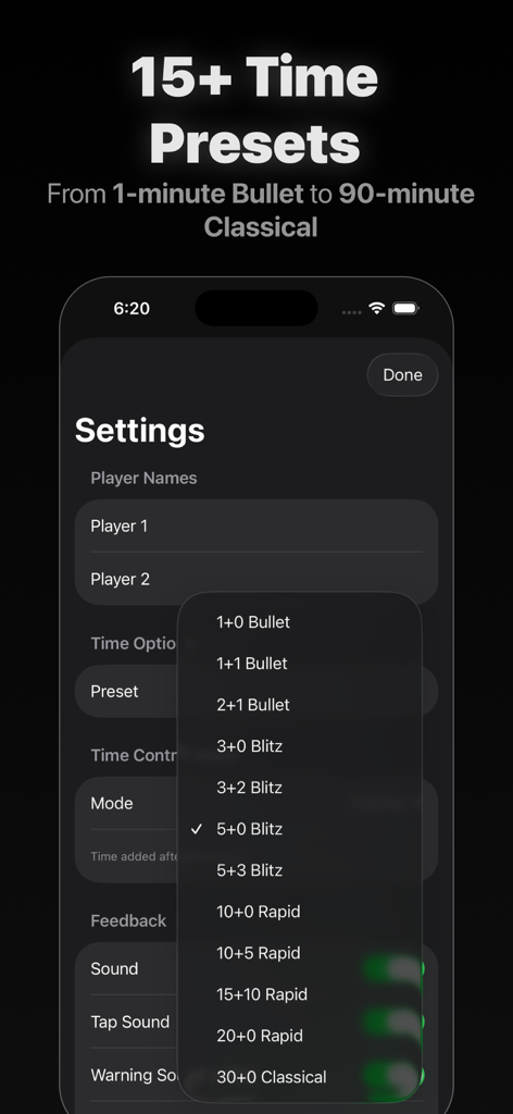 Chess Timer & Clock - Screenshot of the Chess Timer app settings showing a variety of time control presets including bullet blitz and rapid modes