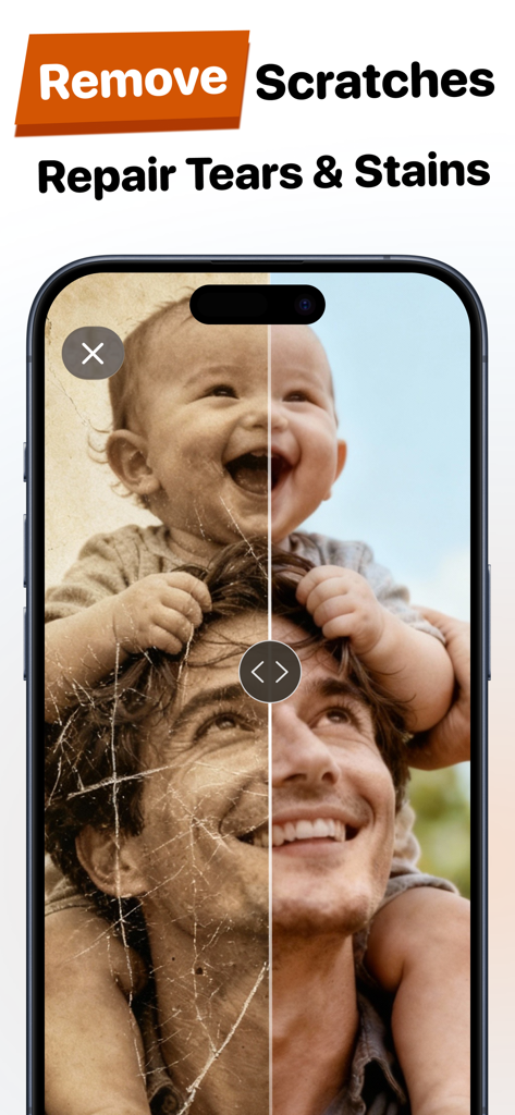 Fix Old Photos - Remend AI - Before and after demonstration of AI photo restoration removing scratches and tears