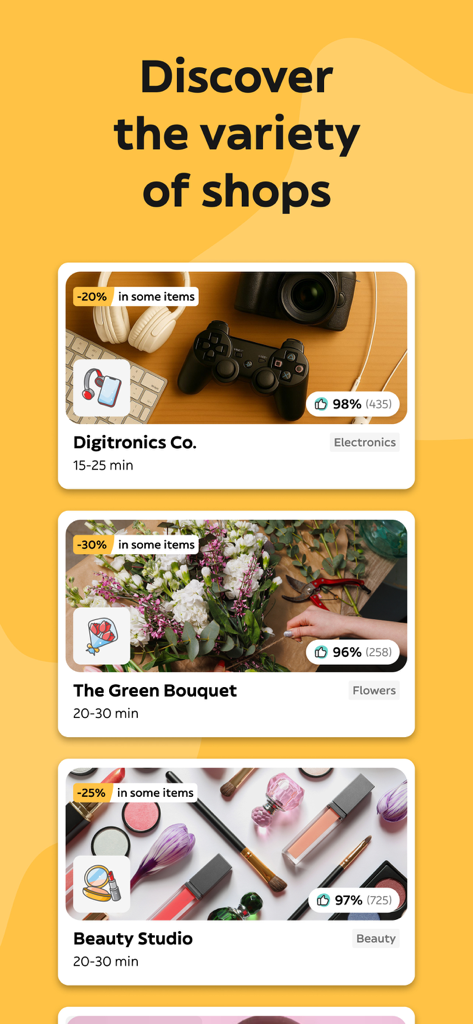 Glovo mobile app screen showing delivery options for electronics flowers and beauty products with estimated delivery times