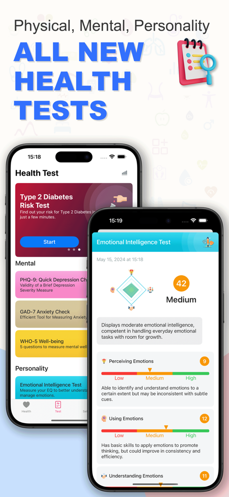 iHeart: Heart Rate & Pressure - Telas do aplicativo iHeart mostrando testes de saúde mental e personalidade, incluindo inteligência emocional