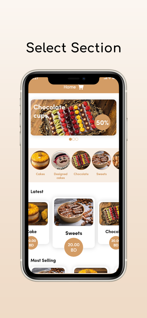 Almanar Bakery - Almanar Bakery mobile app home screen featuring food categories for cakes, sweets, and chocolates with a promotional discount banner.