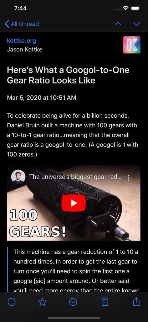 NetNewsWire app interface in dark mode displaying a blog post from kottke.org with a video thumbnail