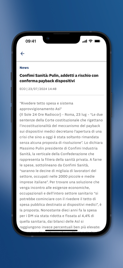 24 Ore Radiocor - Mobile interface of the 24 Ore Radiocor app displaying an Italian financial news report