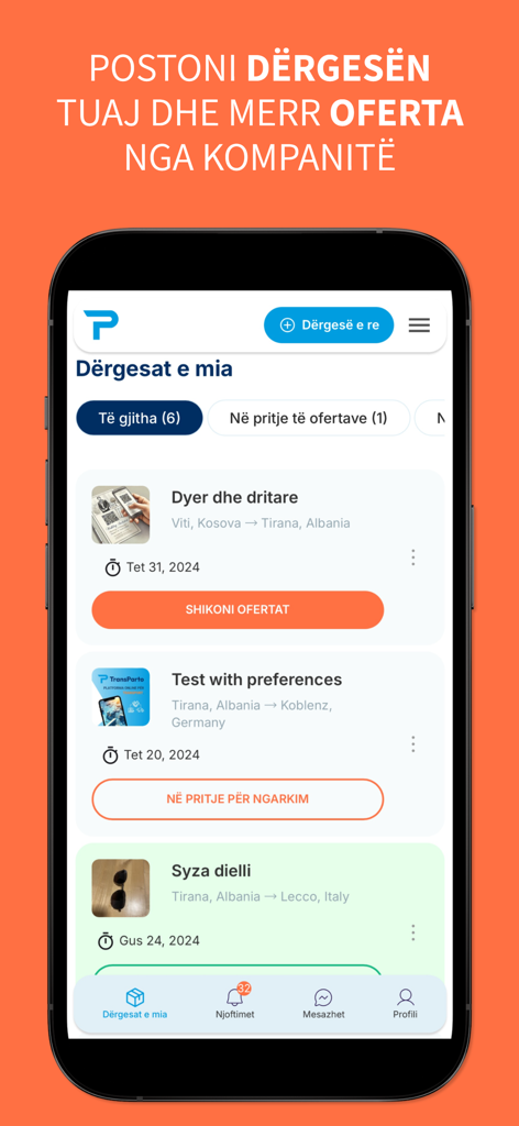 TransParto - TransParto mobile App-Oberfläche, die eine Liste aktiver Sendungsanfragen mit Optionen zur Anzeige von Angeboten und zur Verwaltung von Transportaufträgen zeigt.