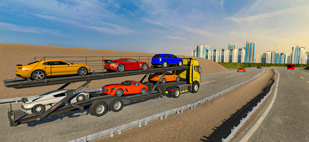 American Trailer Truck Driving - Yellow car carrier truck transporting colorful luxury vehicles on an open highway towards a city