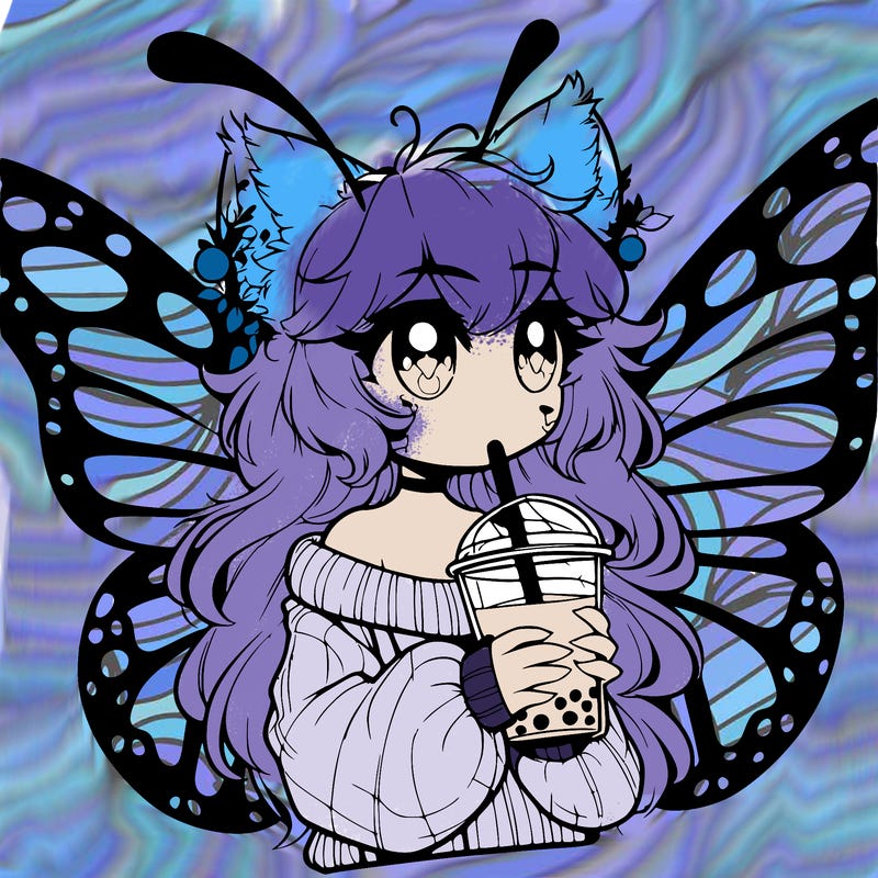 a realistic butterfly/furry girl drinking boba