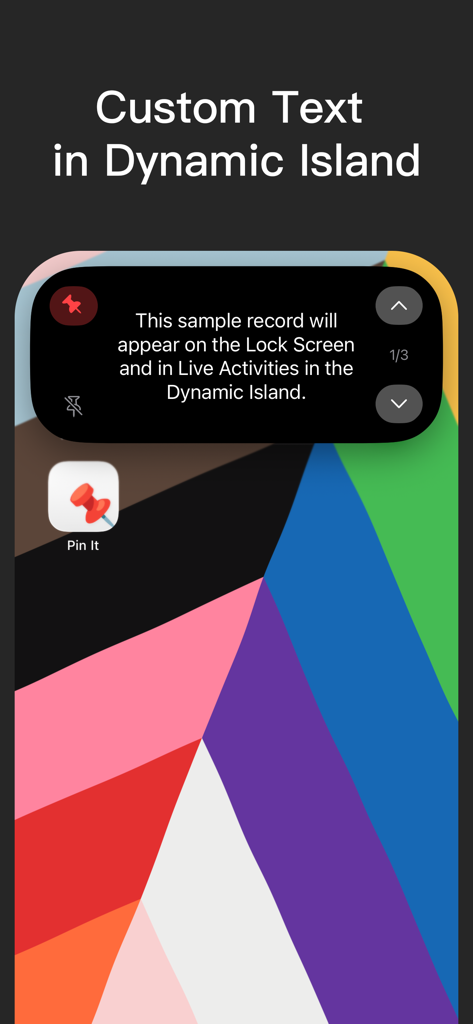 Custom text displayed in the iPhone Dynamic Island using the Pin It app.