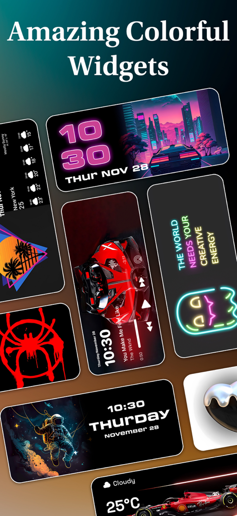 Themie: Wallpapers & Theme - 天気、時計、音楽プレーヤーのテーマを含む、カラフルで美しいホーム画面ウィジェットのコレクション。