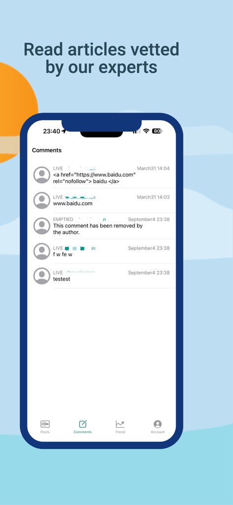 Interface of the Blogspot app showing the comments management screen for moderating reader feedback.