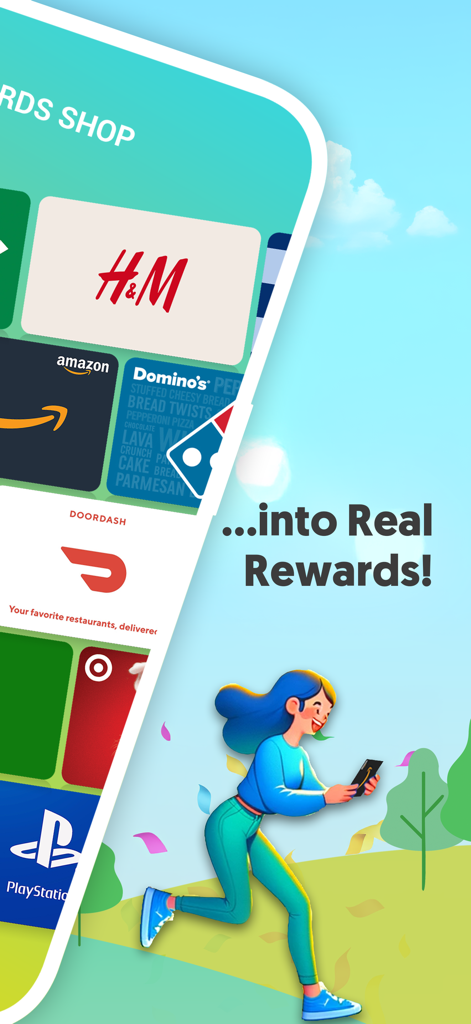 Winwalk - Get Paid To Walk - Winwalkアプリの報酬ショップ。Amazon、Target、H&Mのギフトカードと、公園を歩く漫画の女性が表示されています。