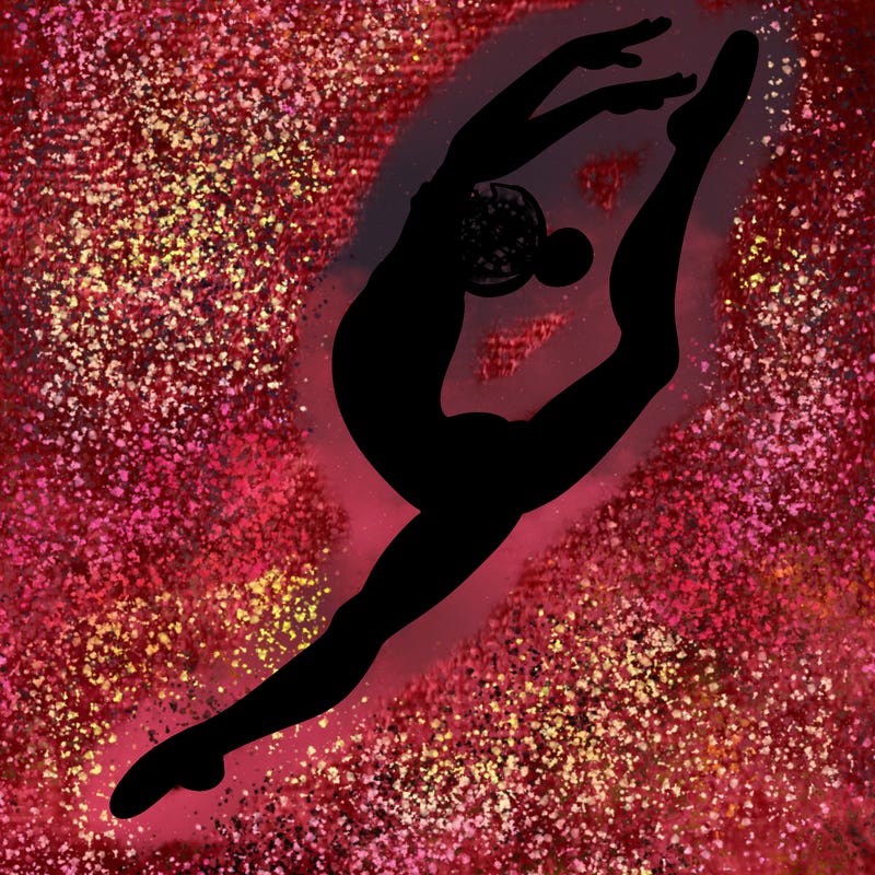 gymnast doing a leap in a leotard with a bent back leg