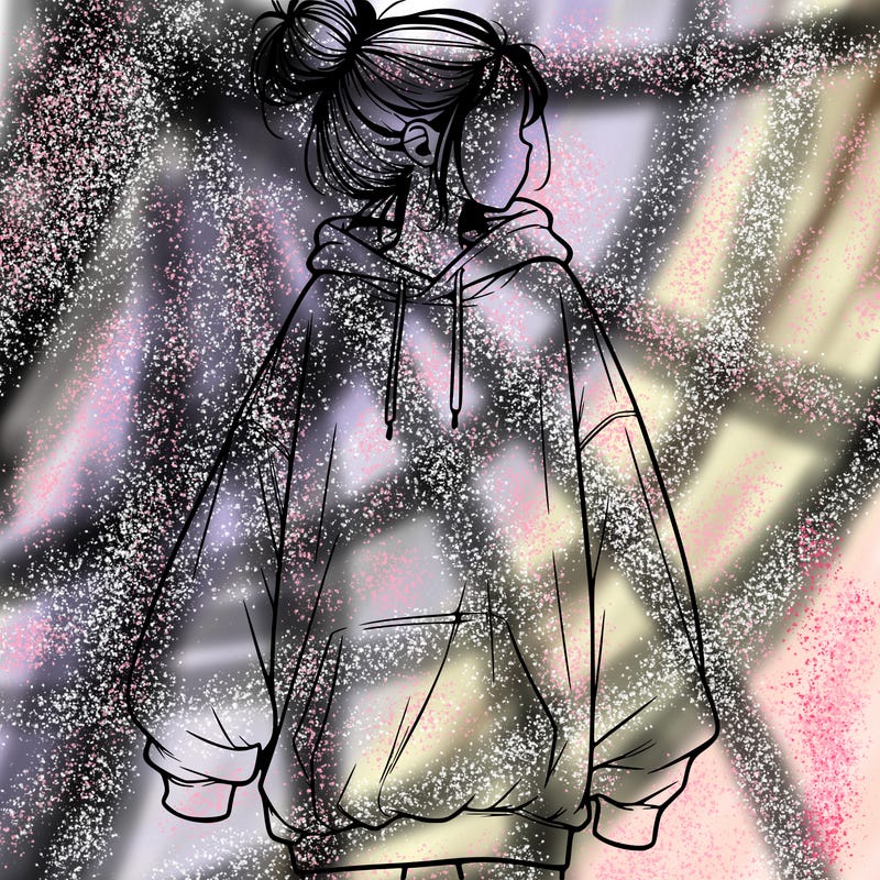 realistic girl with a oversized sweatshirt on and a bun