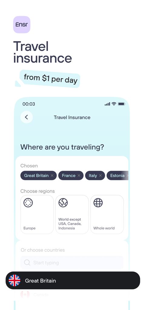 Pantalla de la app Ensuria para elegir destinos y regiones de seguro de viaje a partir de un dólar al día