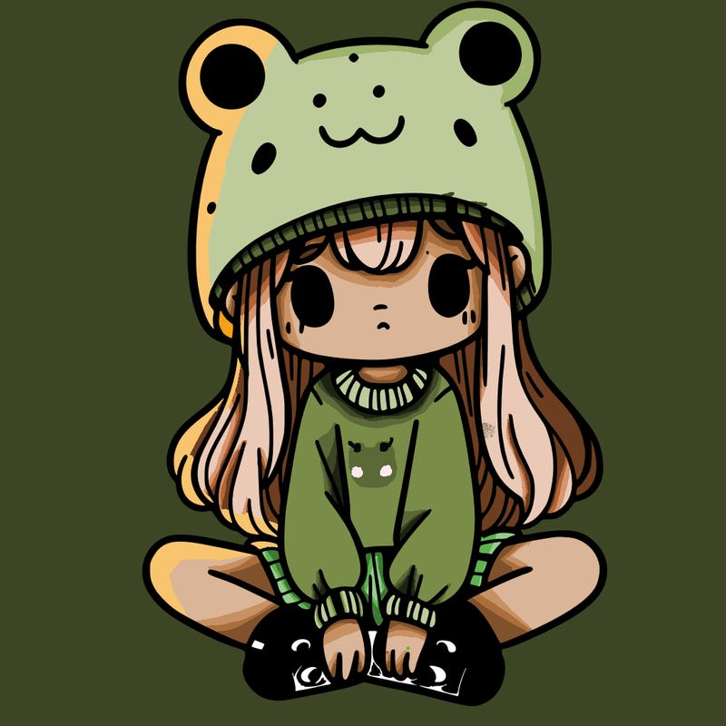 a girl wearing a frog hat and some frog socks
