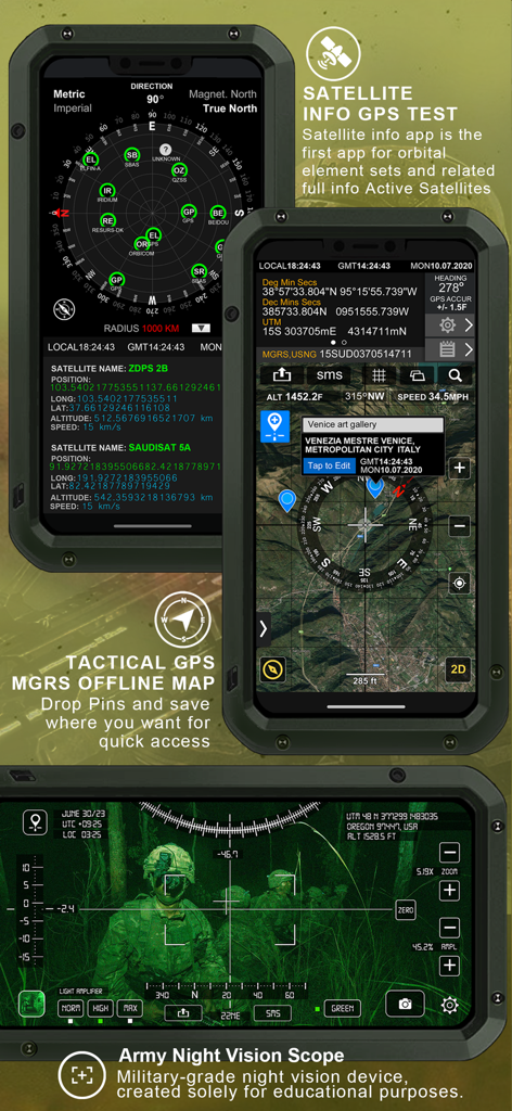 Military GPS Survival Kit - Military GPS Survival Kit app interfaces displaying satellite info tactical maps with MGRS coordinates and a night vision scope