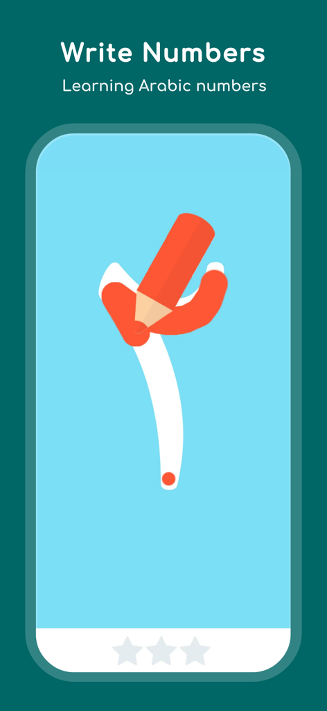 Learn Arabic: Play For Kids +3 - Educational app screen showing a child learning to write Arabic numbers with a digital pencil