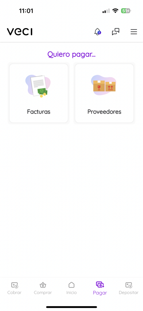 請求書やサプライヤーへの支払いオプションを示すVeci-Appインターフェイス。allaitement