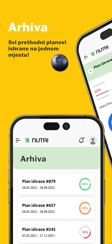 Nutri - Pantalla de archivo de la aplicación Nutri que muestra planes de nutrición pasados y análisis de progreso