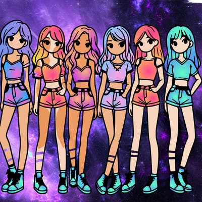 a group of girls wearing crop tops and shorts