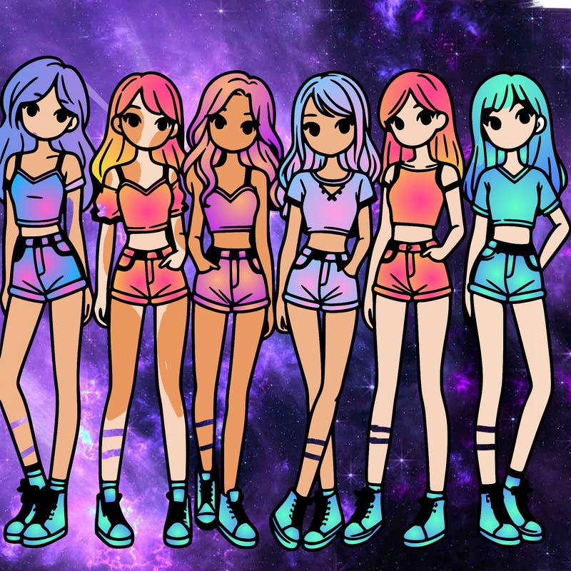 a group of girls wearing crop tops and shorts