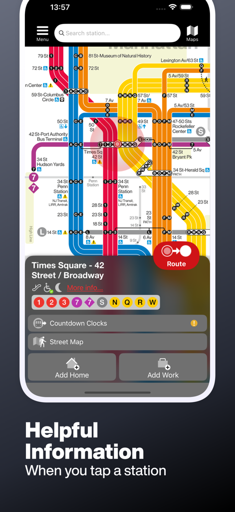 A screenshot of the New York Subway app showing a detailed information window for Times Square station on the official MTA map.
