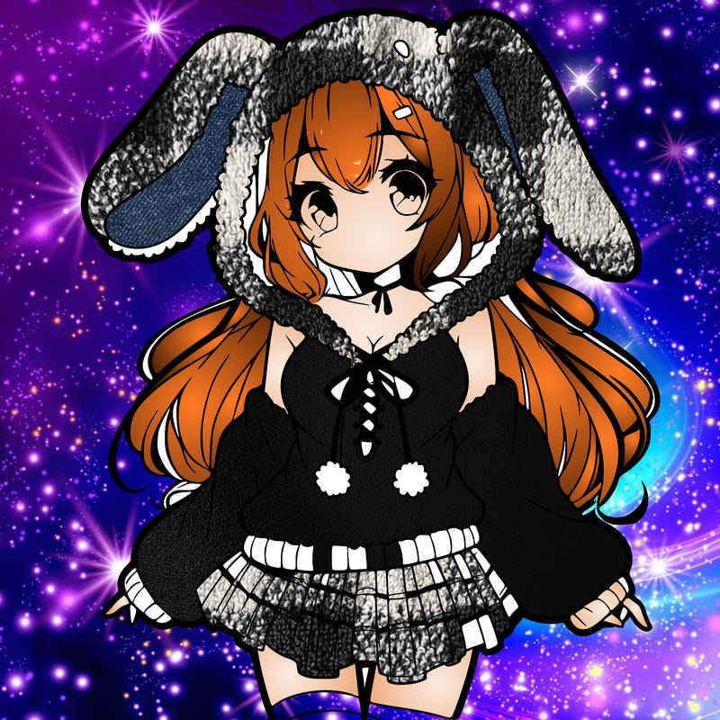 pretty anime girl wearing a fluffy hoodie with bunny ears on the hood and a skirt