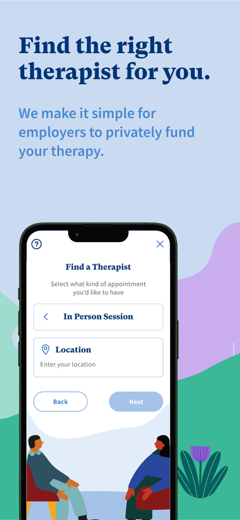 Clearhead - Clearhead app screen showing options to find a therapist and book an in-person mental health session.
