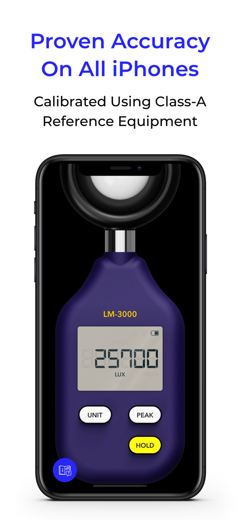 iPhone showing Light Meter LM-3000 app interface with a 25700 Lux measurement