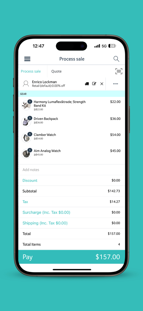 Hike Retail POS - Hike Retail POS app interface showing a retail sale checkout screen with a list of items and total price.