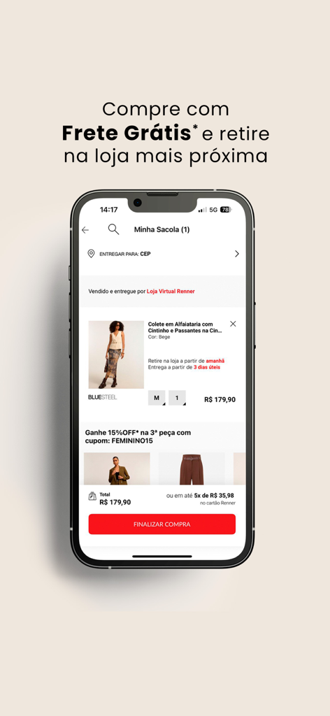 Lojas Renner - Comprar Roupas - Shopping cart screen of the Lojas Renner app showing a clothing item for purchase and a red checkout button in Portuguese