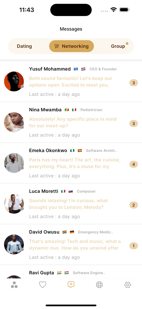 Elite Ndolo - Afro Dating - Captura de pantalla de la pantalla de mensajes de networking en la aplicación Elite Ndolo que muestra perfiles profesionales y conversaciones.