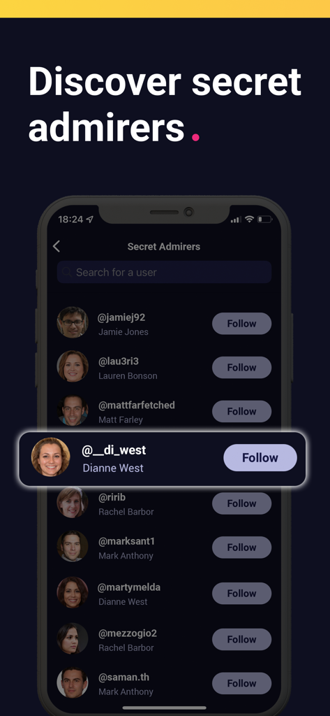 Who Stalks: Unfollower Tracker - A mobile app screenshot titled Secret Admirers showing a list of social media profiles and follow buttons.