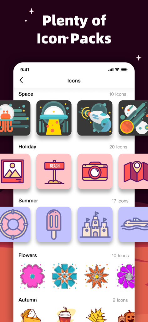 MyICON Changer – Icon Themer - A variety of themed custom app icon packs including space summer and flowers in the MyICON app