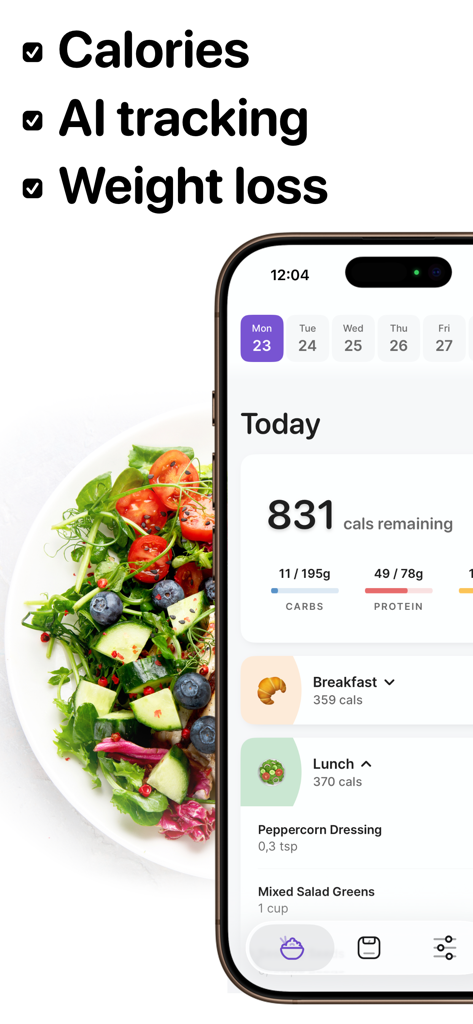 La interfaz de la aplicación Cals para perder peso que muestra las calorías restantes del día y un diario de alimentos