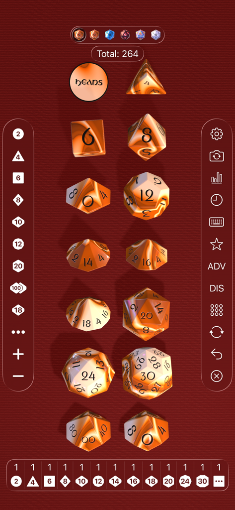Interface of the Dice by PCalc app showing a variety of 3D polyhedral dice with an orange marble pattern on a red background.