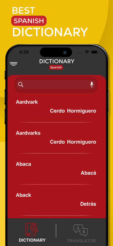 Learn Spanish Offline - Screenshot of the Learn Spanish Offline app showing the dictionary interface with English to Spanish translations for words like Aardvark and Abaca.