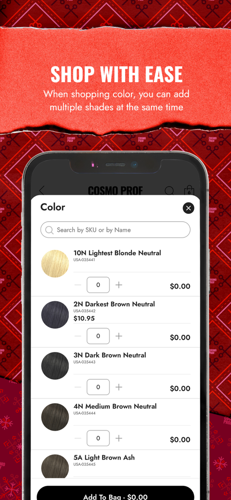 CosmoProf app interface for selecting multiple hair color shades at once for bulk ordering