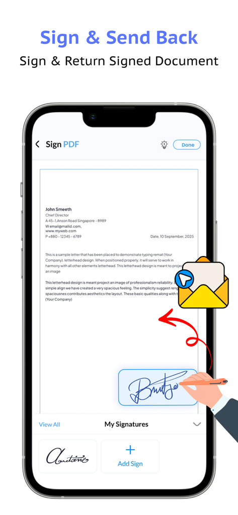 A smartphone displaying a digital signature being added to a PDF document with a send back feature